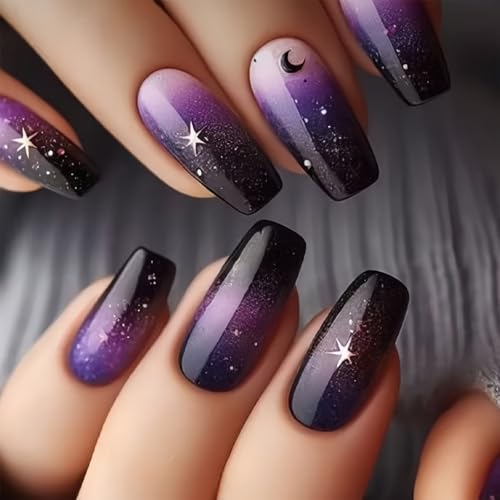Nymora 24 Stück Künstliche Nägel in Lila mit Sternenhimmel Design - Mittellange Eckige Kunstnägel zum Aufkleben, Glänzender Gel-Look, Roter Farbverlauf