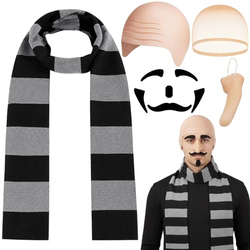 Gru Kostüm, 5 Teiliges Halloween Kostüme Set mit Glatzenkappe, Schal, Perückenhaube, langer Nase, Falschen Augenbrauen und Bart, für Verwendung bei Halloween & Partybesuchen Durch Personen ab 15+