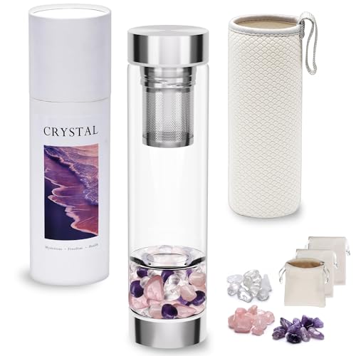 DiDiBirDi Kristall Wasserflasche Crystal Water Bottle Tee-Sieb mit Kristallwasserflasche und abnehmbaren Rosenquarzkristallen Reusable Gemstone, 500ml