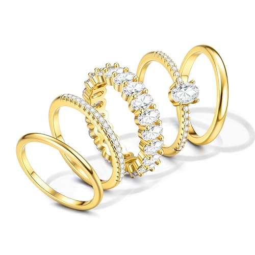 Diamday 5 Stück Gold Ringe Damen 14 Karat Vergoldete Wasserfes Goldene Ringe Set Zirkonia Daumenring Knuckle Finger Statement Verlobungs Versprechen Stapelbarer Damenring - Mit Schmuck Schatulle