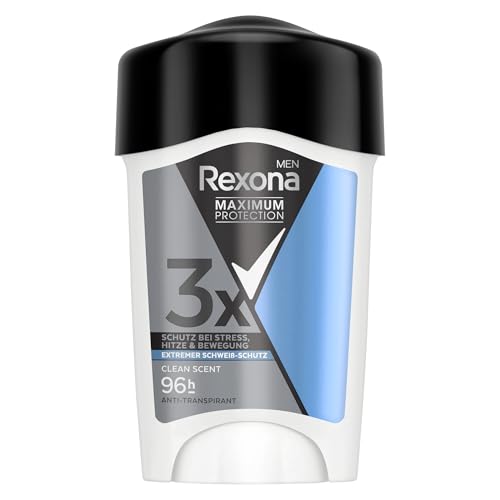 Rexona Men Maximum Protection Anti Transpirant Deo Creme Clean Scent Deodorant mit 96 Stunden Schutz gegen starkes Schwitzen und Geruch mit 3x Schutz bei Stress, Hitze & Bewegung 45 ml