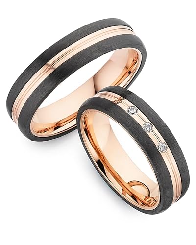 123traumringe Eheringe in Carbon, Titan & Roségold I Partnerringe mit 3 Zirkonia & Etui I Gravierbare Eheringe mit Ringgröße 50-72 mm I Edle Verlobungsringe in 5,5 mm Breite & 2,1 mm Stärke I P36