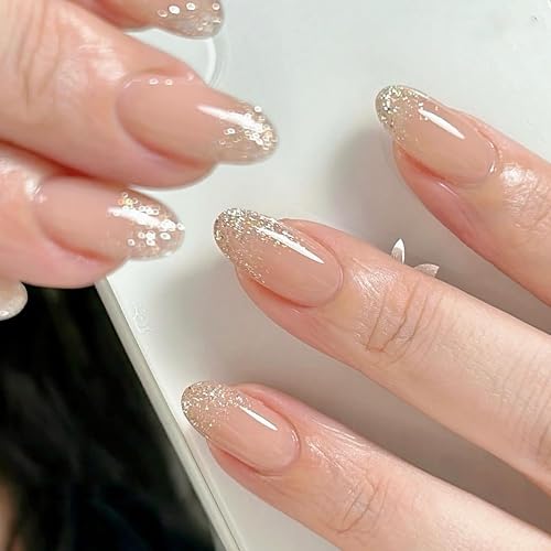 24 Stück Künstliche Nägel Kurz Mandel Falsche Nägel Goldene Glitzer Acryl Press on Nails, 12 Größen Glitter False Nails Klebe AcrylNägel für Frauen Maniküre Party und Alltag DIY (Gold Glitzer)