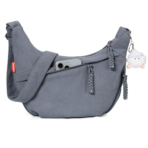 Captain Blues Umhängetasche Damen Crossbody Bag Cord Tasche Halbmond Tasche Damen, Verstellbare Schultertasche mit Reißverschluss und Baumwollfutter, Ideal für Arbeit, Reisen und Uni (Grau)