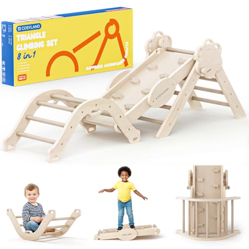 COSYLAND 8-in-1 Montessori Klettergerüst Holz ab 18 Monate – Kletterdreieck mit Rutsche & Kletterbogen, Natur – Indoor Spielplatz für Kleinkinder bis 3 Jahre