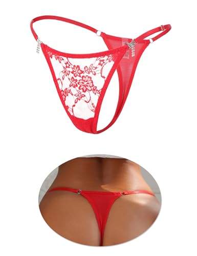ohmydear Damen Spitze String Tanga mit Strass Niedrige Taille G-String T Back Höschen Sexy Unterwäsche für Frauen Atmungsaktiv Dünn Thong Rot M