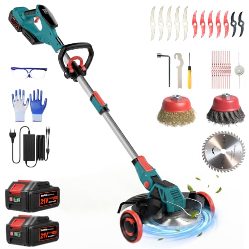 Rasentrimmer mit Akku, 5-IN-1 Rasentrimmer mit Unkrautbürste/Rädern, 21V/2 * 4.0Ah Akku Rasentrimmer, 900W Bürstenloser Motor Akku Freischneider, Akku Motorsense für Rasen, Garten, Hof