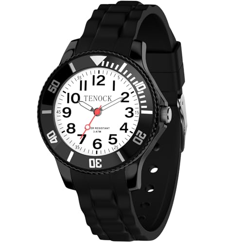 TENOCK Kinderuhr Mädchen Junge 30M/3ATM Wasserdichte Analog Armbanduhr Kinder für Alter 3-10 Geschenke für die Schulanfangssaison Weihnachten Geburtstage Schwarz