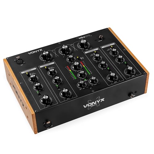 Vonyx VDJ270 DJ Mischpult 4 Kanal – Analog Rotary Audio Mixer mit 2-Band EQ & XLR – Retro DJ Mischer Schwarz Holzoptik – Sound Mixer für Vinyl & Club – Inkl. Booth Output & Mic Input