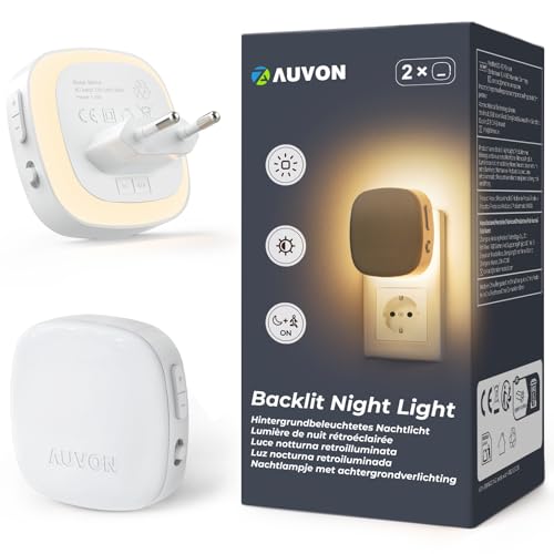 AUVON Nachtlicht Steckdose mit Bewegungssensor und Dämmerungssensor, 2 Stück Warmweißes LED hinterleuchtete Nachtlicht mit 1-50 lm, Helligkeit Einstellbar für Flur, Treppe, Schlafzimmer