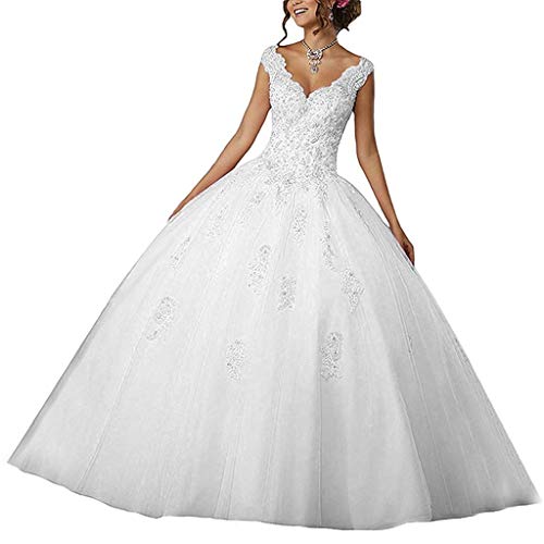 Vantexi Damen V-Ausschnitt Quinceanera Kleider Mit Spitze Abendkleider Lang Hochzeitskleider Elegant Ballkleid Weiß Größe 42