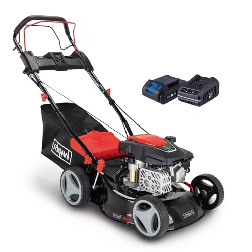 Scheppach Benzin Rasenmäher MS150-42E mit Elektro-Start, Antrieb & Mulchfunktion | Schnittbreite 41cm | Leistung 3,5PS / 2,6kW | geeignet für Gärten bis 800m² | Fangbox 45L | Schnitthöhe 25-75 mm