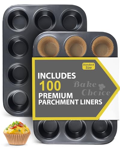 Bake Choice 2 Stück Standard Muffinform für 12 Förmchen,enthält 100 Muffinförmchen Papier,Muffins Backform mit Antihaftbeschichtung,aus Karbonstahl,Bodendurchmesser 5 cm