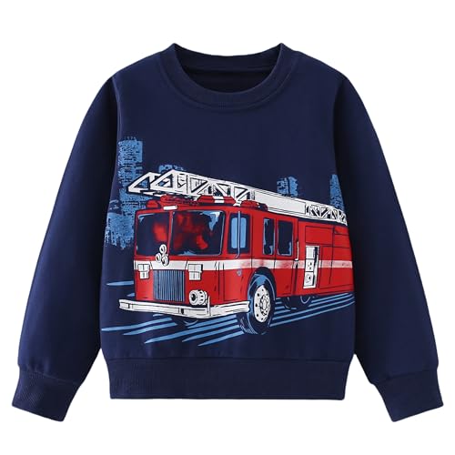 Pilipulu Sweatshirt Jungen Kinder Pullover Jungen Baumwolle Langarmshirt Kinder Dinosaurier Bagger Warm Tops 2-7 Jahre, Feuerwehrauto/Dunkelblau, 92
