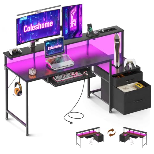 Coleshome Gaming Tisch mit LED, 140x48cm Schreibtisch mit Stoff Schubladen Computertisch mit 2 Steckdosen&2 USB Anschlüssen, Gaming Schreibtisch mit Monitorständer für Home Office, Schwarz