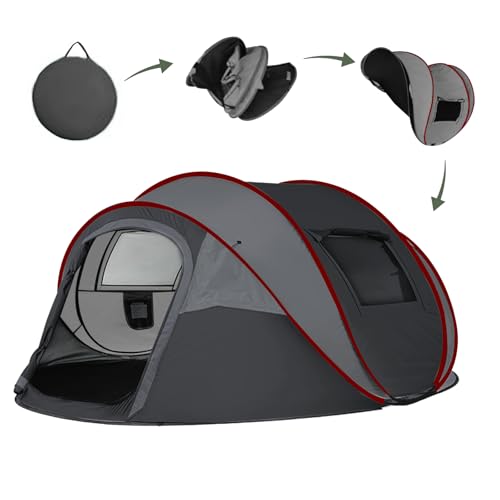 Camping Zelt, Pop Up Zelt 4-5 Personen, Automatisches Aufstellzelt in 3 Sekunden, Wurfzelte Wasserdicht Sonnenschutz, Familie Zelt, Tragbares Leichtes Kuppelzelt für Outdoor Camping (Dunkelgrau)