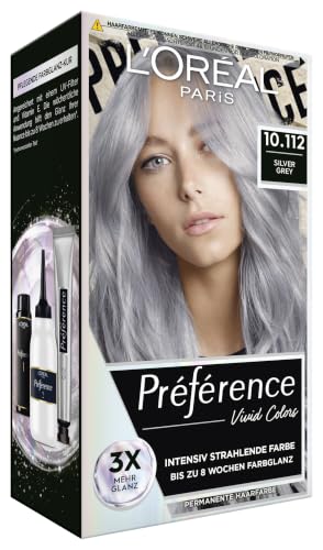 L'Oréal Paris Intensive dauerhafte Haarfarbe, Bis zu 8 Wochen glänzendes Haar und intensive Farbe, Préférence Vivid Colors, Farbe: 10.112 SILVER GREY, 1 Stück