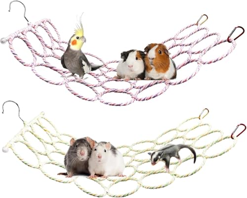 2er-Pack Hängendes Kletterspielzeug für Kleintiere – Ratten-Kletternetz & Vogelschaukel, Papageienleiter-Brücke aus Papier-Rattan für Käfige von Vögeln, Nagern & Reptilien