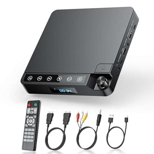 Desobry DVD Player für Fernseher 1080p, DVD Player HDMI/AV und USB/TF-Karte eingang, Mit Kabel und Fernbedienungen, Mini DVD/CD-Player mit Haltepunkt-Speicherfunktion kann, unterstützt PAL/NTSC - Neue