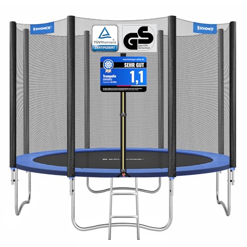 SONGMICS Trampolin Ø 305 cm, Gartentrampolin für Kinder mit Sicherheitsnetz, Randabdeckung, Leiter, 180 cm hohe gerade Stangen, Stahlrahmen, TÜV Rheinland GS-Zertifikat, blau STR10FT