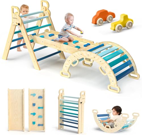 BlueWood 7-in-1 Montessori Kletterdreieck mit Kletterbogen und Rutsche, Holzdreieck für Kleinkinder, Indoor Kletterspielzeug für Kleinkinder, klettergerüst Indoor ab 1 Jahr