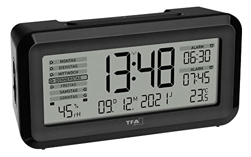 TFA Dostmann Digitaler Funk-Wecker BOXX2, 60.2562.01, deutsches Display, 2 Weckzeiten, Raumklimaüberwachung, mit Wochentag, mit Akku, schwarz, (L) 138 x (B) 52 x (H) 72 mm