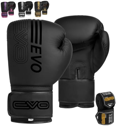 EVO Fitness Boxhandschuhe Männer Damen MMA Muay Thai Kampfsport Kickboxen Sparring Training Kämpfen Boxing Gloves Martial Arts Boxen Handschuhe Boxsack Rosa Handbandagen (Schwarz, 10 OZ)