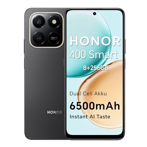 HONOR 400 Smart 4G Smartphone Dual SIM NFC Android 15, 8+256GB, 6500 mAh Dual Cell Akku, 108MP +2MP mit AI Taste Telefon, 6,77 Zoll 120 Hz Comfort Display, 5 Sterne SGS&IP65, Velvet Black