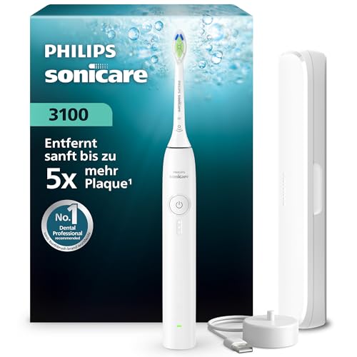 Philips Sonicare Series 3100 Elektrische Zahnbürste – Schallzahnbürste mit Drucksensor, drei Intensitätsstufen, EasyStart, SmarTimer, 14 Tage Laufzeit, Reiseetui, Weiß, HX4033/21, [Neu]