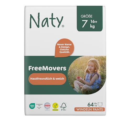Naty FreeMovers Baby Pants Windeln | Windelhöschen zertifiziert hautverträglich | Weich & ohne Duftstoffe | Saugstark & Auslaufsicher | Dermatologisch getestet | Größe 7 (16+ kg) | 64 Stück