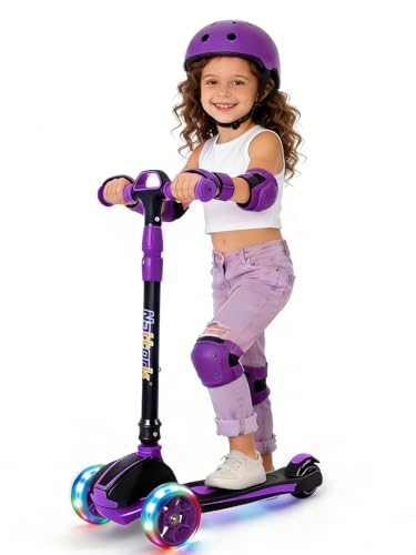 Nattork Roller Kinder 3-6 Jahre, 3 Räder Scooter Kinder mit LED Leuchtenden, 4 Höhenverstellung Kinderroller für Jungen Mädchen 2–5 Jahren, bis zu 100 kg Kinderscooter,Lila