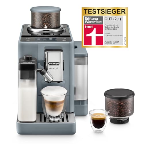 De’Longhi Rivelia - Perfetto Kaffeevollautomat mit LatteCrema-Milchaufschäumer, 16 One-Touch-Getränke, farbiges Touch-Display, austauschbare Bohnenbehälter, Grau (EXAM440.55.G)
