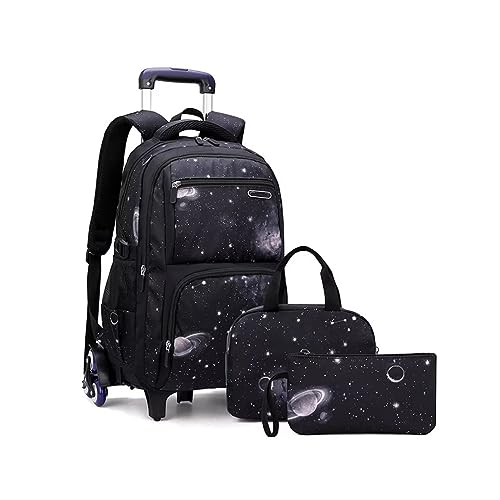 FEEIMOL Schulrucksack Jungen Teenager Trolley Schulranzen Jungen Schultasche Koffer Rucksack mit Rollen, 3-teiliges Schultaschen-Sets mit Lunch Tasche und Federmäppchen (Schwarzer Sternenhimmel)