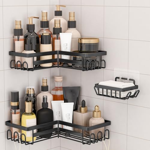 rigors 3 Stück Duschablage ohne Bohren, Duschablage Ecke mit Haken, Badezimmer Regal, Rostfrei Schwarz Duschregal für Shampoo und Duschgel, Badezimmer Organizer für Bad und Küche