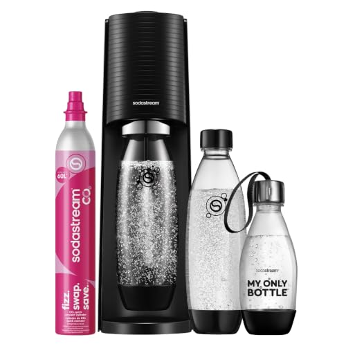 Sodastream TERRA Wassersprudler, Soda Stream Maschine Vorteilspack mit 1 Quick Connect 60L CO2-Zylinder, 2x 1L und 1x 0,5L spülmaschinengeeignete Kunststoffflaschen, Höhe 44 cm, Schwarz