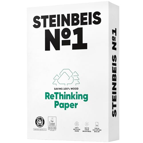 Steinbeis No. 1 Druckerpapier – 2500 (5 x 500) Blatt DIN A4 Recycling-Papier 80 g/m², Weiß & Chlorfrei, hochwertiges Kopierpapier ISO 70 / CIE 55