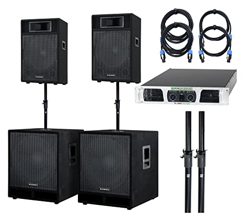 McGrey Powerstage-2800 PA Komplett-Anlage (2X 10/25cm Topteil, 2X 15/38cm Subwoofer, 1x Endstufe, 2X Distanzstange, 2X Boxenkabel, 700/1400/2800 Watt RMS/Musikleistung/Peak)