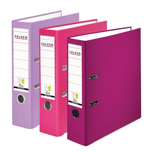 Falken 3er Pack PP-Color Ordner, Made in Germany, 8 cm breit DIN A4 farbig sortiert Berry-Pastell Kunststoffbezug außen, Papierbezug innen, mit austauschbarem Rückenschild