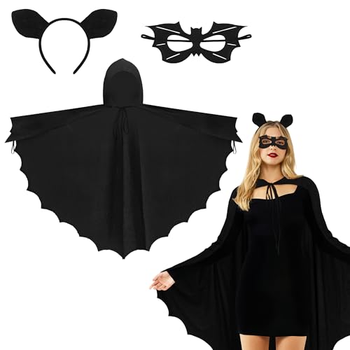 Ueyben Fledermaus Umhang, Fledermaus Kostüm Damen mit Fledermausflügel Vampir Fledermaus Cape Fledermause Maske Fledermause Haarreif für Mädchen Herren für Karneval Fasching Halloween
