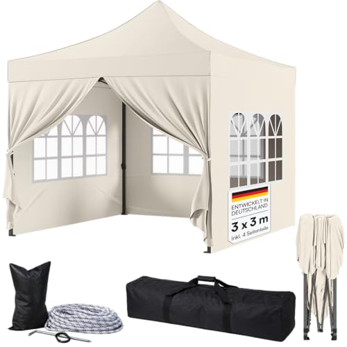 STEELSØN Rynara Faltpavillon 3x3m Beige – Gartenpavillon wasserdicht & stabil – Camping Partyzelt UV-Schutz 50+ – Pop Up Pavillon 3-Fach höhenverstellbar – Faltzelt Winterfest mit Tragetasche