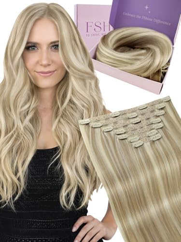 Fshine Unsichtbar Clip in Extensions Echthaar 45 cm, 7 Stücke 120 g, Aschblond mit goldblonden Strähnen, Hair Extensions Clip in, Farbe 16P22