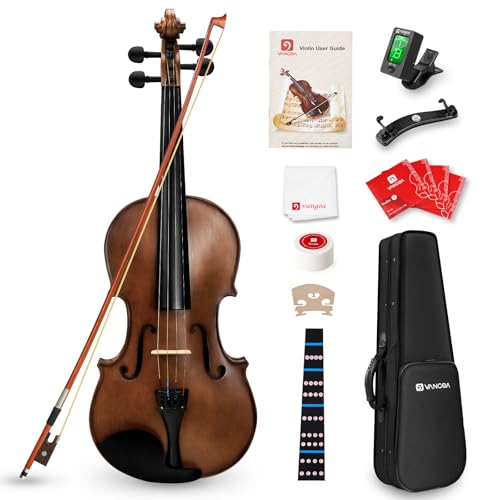 Vangoa 4/4 Violine Massivholz Geige Anfänger Akustische Violin Set für Erwachsene, Einsteiger und Kinder mit Violinenkoffer, Schulterstütze, Kolophonium, Saiten, Handbuch, Dämpfer, Noten-Aufkleber