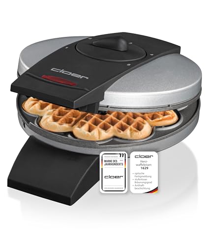 Cloer 1629 Waffeleisen für klassische Herzwaffeln, 930 W, Waffelgröße 15,5 cm, stufenlos wählbarer Bräunungsgrad, Metall, Silber