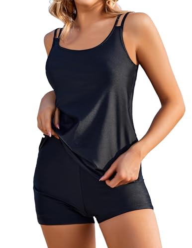 AI'MAGE Tankini Damen Bademode Set Freizeit Badeanzug Zweiteiler Tankinis Set Elegant Badeanzüge für Damen Tankini Oberteil mit Badeshorts Schwarz XXL