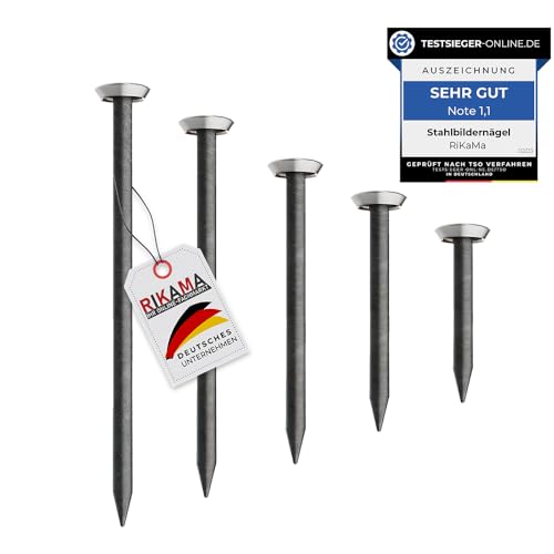 RIKAMA® – 50 Bildernägel im Mix aus je 10 x 20mm, 25mm, 30mm, 40mm, 50mm – Stahlnägel für den Einsatz auf Beton, Ziegelstein, Putz & Holz – Made in Europe (Silberner Kopf)