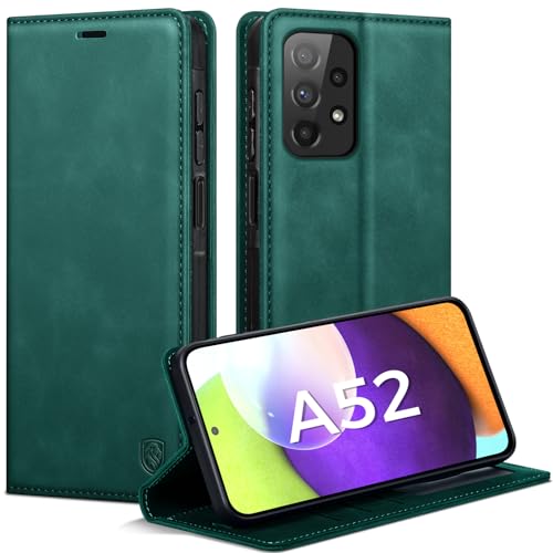 AIMOYU Handyhülle für Samsung Galaxy A52/A52S 5G/4G Hülle, Premium Lederhülle Flip Case Magnet Tascher Kartenfach Standfunktion Klapphülle Schutzhülle für Samsung A52/A52S, Blau Grün