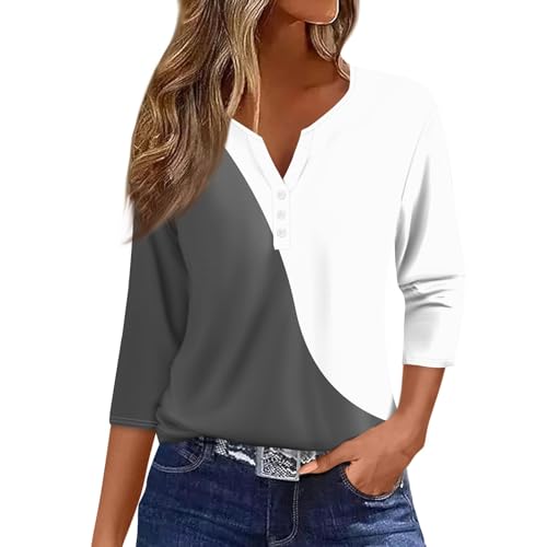 WDCHAOYUE Longbluse Damen,T Shirts Mädchen Henley Ausschnitt Work Baumwolle 3/4 Arm Mit Blumenmuster Legerer Locke Blusentop Damene Herbst Übergröße Knopfleiste Weich