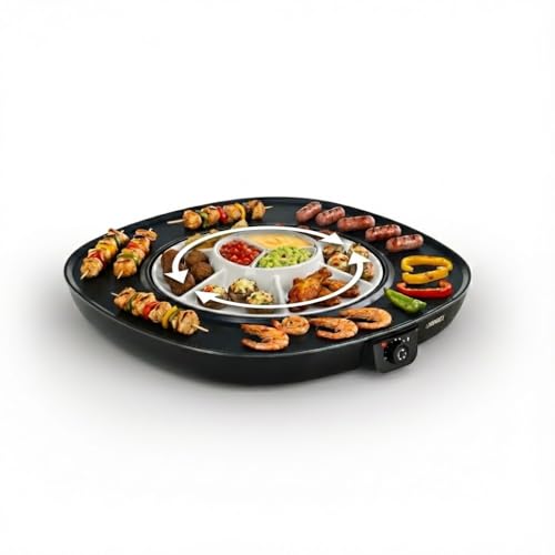 Chef Pirouette Elektro-Plancha mit Drehtablett – 45 x 45 cm Kochfläche – Thermostat bis 220 °C – Antihaft-Beschichtung – Leicht zu Reinigen – 6 Spatel – Abnehmbares Kabel – 103260