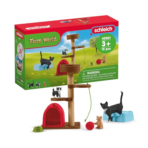 SCHLEICH Farm World | Spielspaß für niedliche Katzen 42501 Tiere Set & Zubehör | detailreiches Mama & Baby Katzen Set | Geschenk für Kinder | Bauernhof Spielzeug ab 3 Jahren | 15 Teile