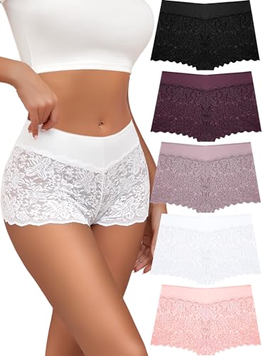 ALL OF SHE 5er Pack Unterwäsche Frauen Sexy Unterhosen Damen Spitze Atmungsaktive Boxershorts Damen Panties Hipster Stretch-Baumwolle Bund Dessous Mehrpack M